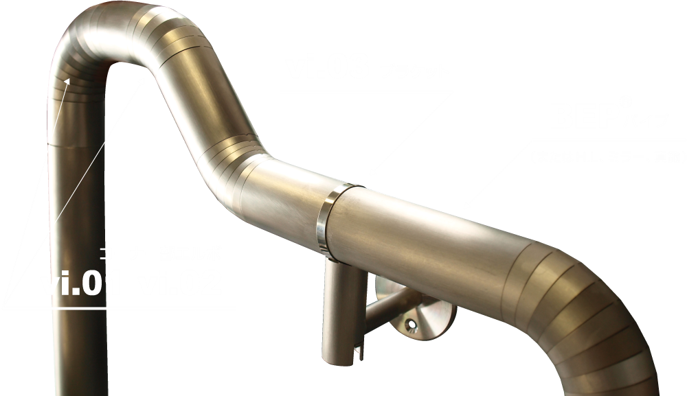 metal handrail「美」の各部名称 ― コーナー部エルボ vi.01／vi.02、ブラケット vi.03、BEP®パイプ